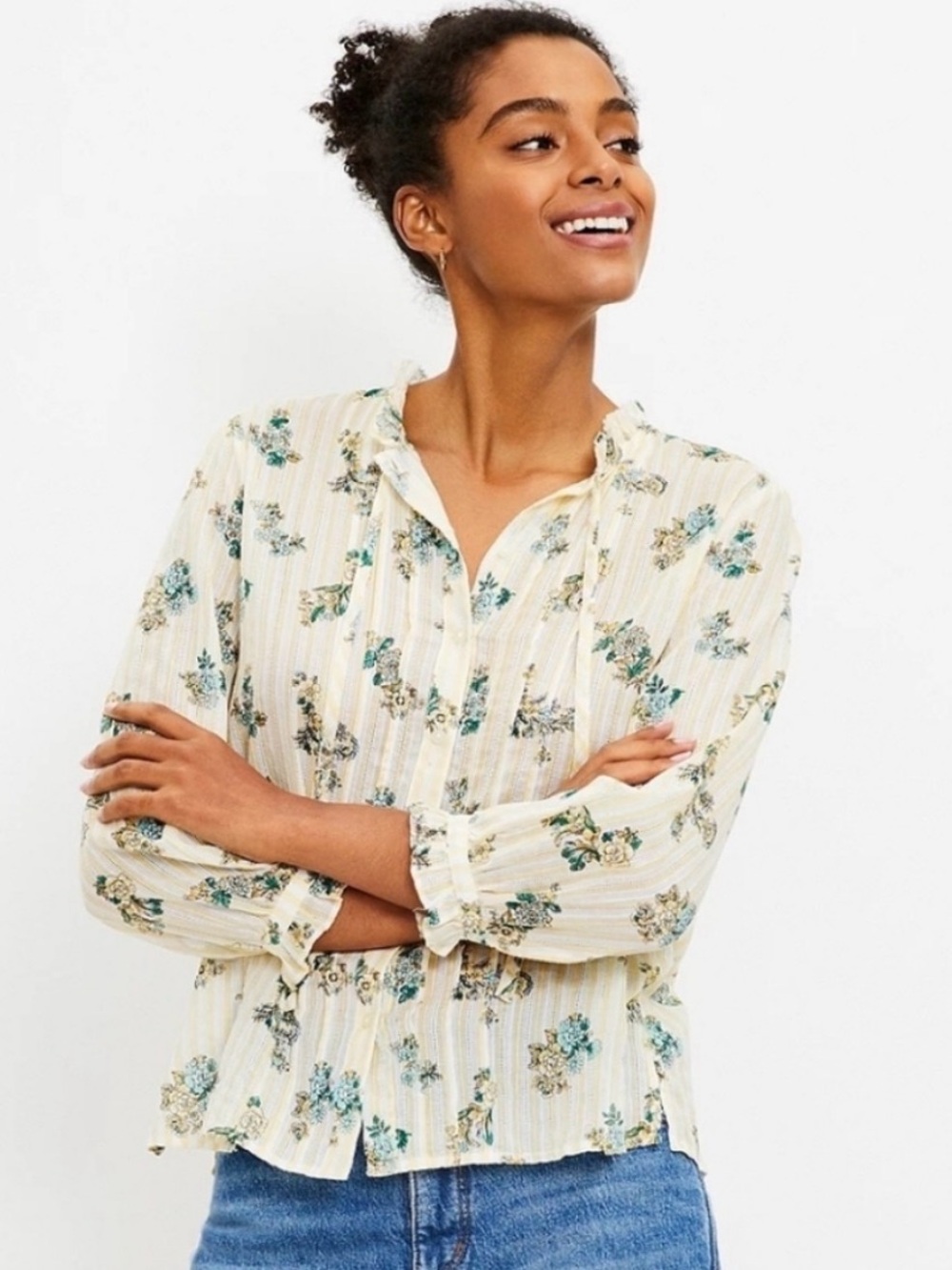 Loft Floral Yellow Floral Button-Up Cotton Blouse w 3/4 Sleeves XS